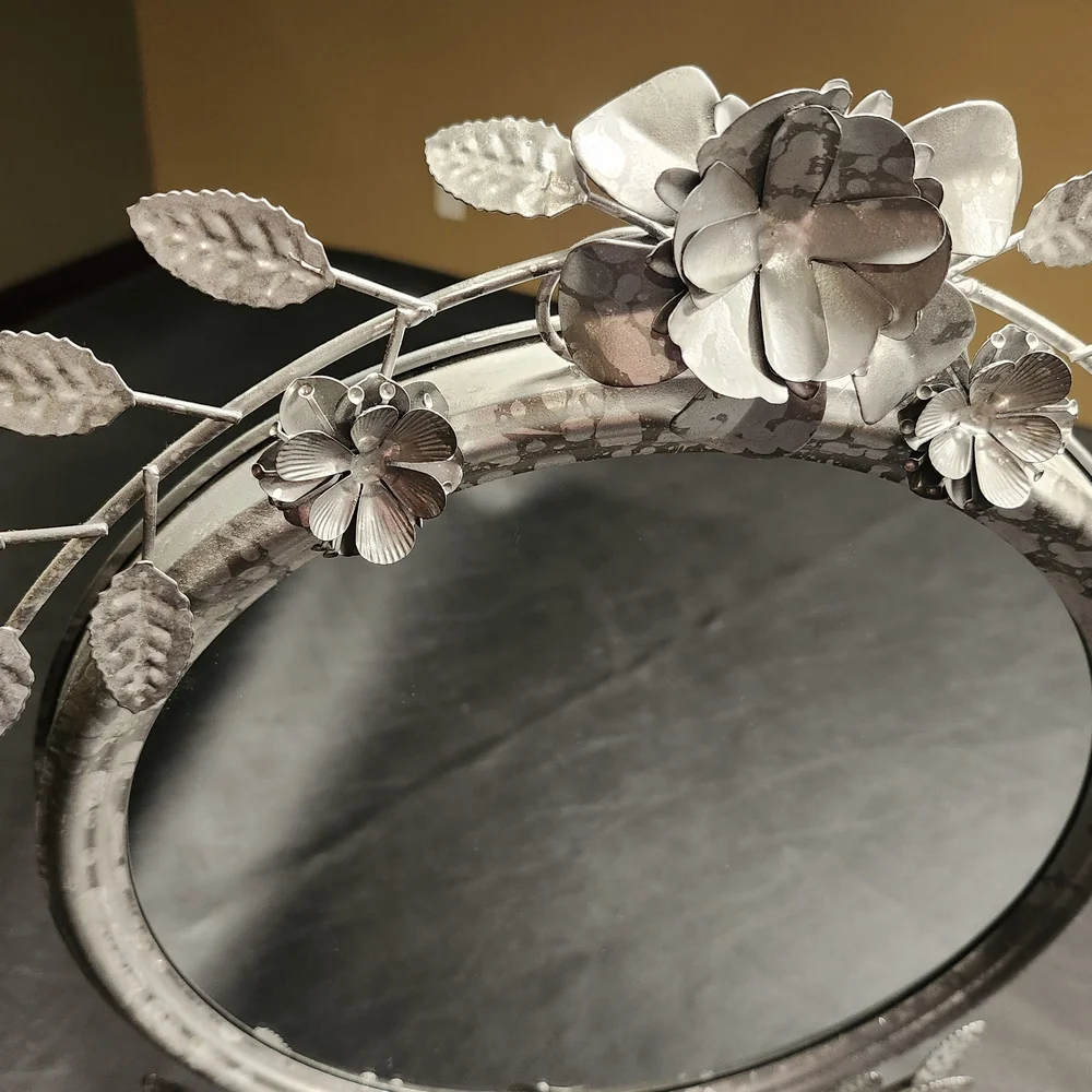 Decorative Silver Floral Round Mirror On Stand- Silver